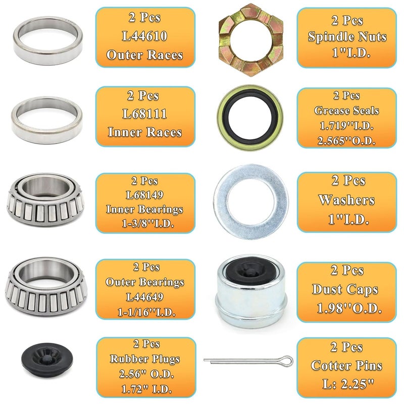 TiciKim 2 Sets 3500 LB Boat Trailer Axle Bearing Kits L68149 L44649 Bearing Kits, 171255TB Grease Seals, Spindle Nuts, 1.98" Trailer Dust Caps and Rubber Plugs, Cotter Pins, Washers for 3500 LB #84 Spindle - Image 2